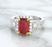 Load image into Gallery viewer, 3.04ct Cushion Ruby Ring with Diamond Halo in 18K White Gold