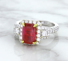 Load image into Gallery viewer, 3.04ct Cushion Ruby Ring with Diamond Halo in 18K White Gold