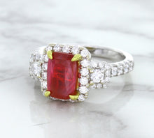 Load image into Gallery viewer, 3.04ct Cushion Ruby Ring with Diamond Halo in 18K White Gold