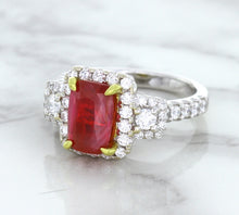 Load image into Gallery viewer, 3.04ct Cushion Ruby Ring with Diamond Halo in 18K White Gold