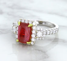 Load image into Gallery viewer, 3.04ct Cushion Ruby Ring with Diamond Halo in 18K White Gold