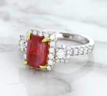 Load image into Gallery viewer, 3.04ct Cushion Ruby Ring with Diamond Halo in 18K White Gold