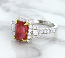 Load image into Gallery viewer, 3.04ct Cushion Ruby Ring with Diamond Halo in 18K White Gold