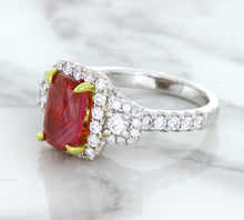 Load image into Gallery viewer, 3.04ct Cushion Ruby Ring with Diamond Halo in 18K White Gold