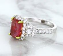 Load image into Gallery viewer, 3.04ct Cushion Ruby Ring with Diamond Halo in 18K White Gold
