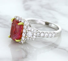 Load image into Gallery viewer, 3.04ct Cushion Ruby Ring with Diamond Halo in 18K White Gold