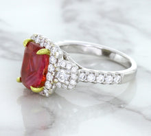 Load image into Gallery viewer, 3.04ct Cushion Ruby Ring with Diamond Halo in 18K White Gold