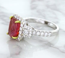 Load image into Gallery viewer, 3.04ct Cushion Ruby Ring with Diamond Halo in 18K White Gold
