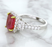 Load image into Gallery viewer, 3.04ct Cushion Ruby Ring with Diamond Halo in 18K White Gold