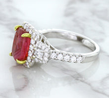 Load image into Gallery viewer, 3.04ct Cushion Ruby Ring with Diamond Halo in 18K White Gold
