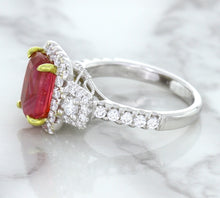 Load image into Gallery viewer, 3.04ct Cushion Ruby Ring with Diamond Halo in 18K White Gold