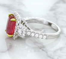 Load image into Gallery viewer, 3.04ct Cushion Ruby Ring with Diamond Halo in 18K White Gold