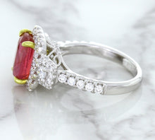 Load image into Gallery viewer, 3.04ct Cushion Ruby Ring with Diamond Halo in 18K White Gold