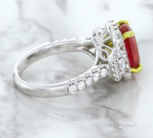 Load image into Gallery viewer, 3.04ct Cushion Ruby Ring with Diamond Halo in 18K White Gold