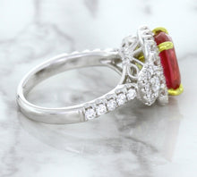 Load image into Gallery viewer, 3.04ct Cushion Ruby Ring with Diamond Halo in 18K White Gold