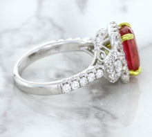 Load image into Gallery viewer, 3.04ct Cushion Ruby Ring with Diamond Halo in 18K White Gold