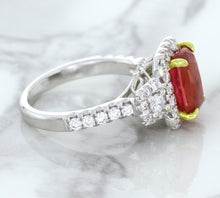 Load image into Gallery viewer, 3.04ct Cushion Ruby Ring with Diamond Halo in 18K White Gold