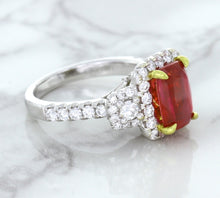 Load image into Gallery viewer, 3.04ct Cushion Ruby Ring with Diamond Halo in 18K White Gold
