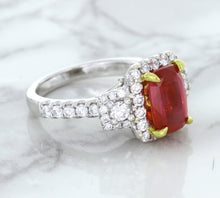 Load image into Gallery viewer, 3.04ct Cushion Ruby Ring with Diamond Halo in 18K White Gold