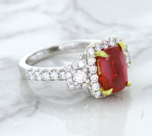 Load image into Gallery viewer, 3.04ct Cushion Ruby Ring with Diamond Halo in 18K White Gold