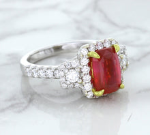 Load image into Gallery viewer, 3.04ct Cushion Ruby Ring with Diamond Halo in 18K White Gold