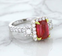 Load image into Gallery viewer, 3.04ct Cushion Ruby Ring with Diamond Halo in 18K White Gold