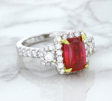 Load image into Gallery viewer, 3.04ct Cushion Ruby Ring with Diamond Halo in 18K White Gold
