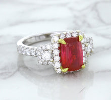 Load image into Gallery viewer, 3.04ct Cushion Ruby Ring with Diamond Halo in 18K White Gold