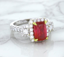 Load image into Gallery viewer, 3.04ct Cushion Ruby Ring with Diamond Halo in 18K White Gold