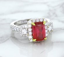 Load image into Gallery viewer, 3.04ct Cushion Ruby Ring with Diamond Halo in 18K White Gold