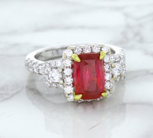 Load image into Gallery viewer, 3.04ct Cushion Ruby Ring with Diamond Halo in 18K White Gold