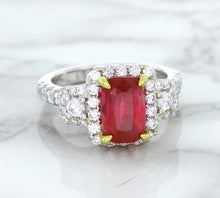 Load image into Gallery viewer, 3.04ct Cushion Ruby Ring with Diamond Halo in 18K White Gold