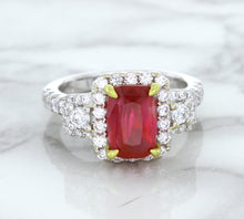 Load image into Gallery viewer, 3.04ct Cushion Ruby Ring with Diamond Halo in 18K White Gold