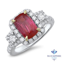 Load image into Gallery viewer, 3.04ct Cushion Ruby Ring with Diamond Halo in 18K White Gold