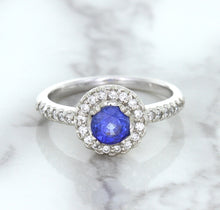Load image into Gallery viewer, 0.91ct Round Blue Sapphire Ring with Diamond Halo in 14K White Gold