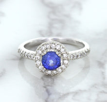 Load image into Gallery viewer, 0.91ct Round Blue Sapphire Ring with Diamond Halo in 14K White Gold