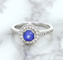 Load image into Gallery viewer, 0.91ct Round Blue Sapphire Ring with Diamond Halo in 14K White Gold