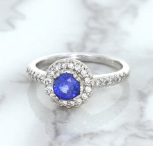 Load image into Gallery viewer, 0.91ct Round Blue Sapphire Ring with Diamond Halo in 14K White Gold