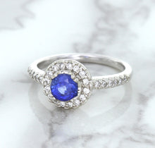 Load image into Gallery viewer, 0.91ct Round Blue Sapphire Ring with Diamond Halo in 14K White Gold