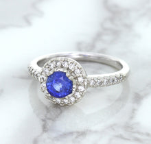 Load image into Gallery viewer, 0.91ct Round Blue Sapphire Ring with Diamond Halo in 14K White Gold