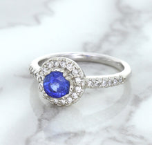 Load image into Gallery viewer, 0.91ct Round Blue Sapphire Ring with Diamond Halo in 14K White Gold