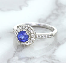 Load image into Gallery viewer, 0.91ct Round Blue Sapphire Ring with Diamond Halo in 14K White Gold