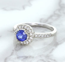 Load image into Gallery viewer, 0.91ct Round Blue Sapphire Ring with Diamond Halo in 14K White Gold