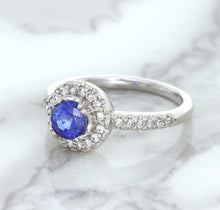Load image into Gallery viewer, 0.91ct Round Blue Sapphire Ring with Diamond Halo in 14K White Gold