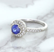 Load image into Gallery viewer, 0.91ct Round Blue Sapphire Ring with Diamond Halo in 14K White Gold