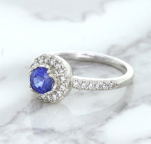 Load image into Gallery viewer, 0.91ct Round Blue Sapphire Ring with Diamond Halo in 14K White Gold