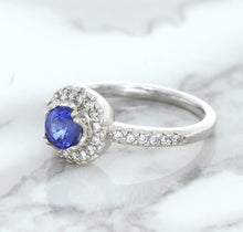 Load image into Gallery viewer, 0.91ct Round Blue Sapphire Ring with Diamond Halo in 14K White Gold