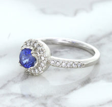 Load image into Gallery viewer, 0.91ct Round Blue Sapphire Ring with Diamond Halo in 14K White Gold