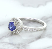 Load image into Gallery viewer, 0.91ct Round Blue Sapphire Ring with Diamond Halo in 14K White Gold