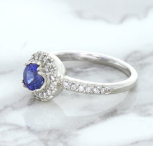 Load image into Gallery viewer, 0.91ct Round Blue Sapphire Ring with Diamond Halo in 14K White Gold
